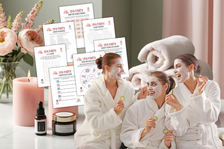 Spa party printable games ideas for teen girls birthday party, teen girls with face masks on enjoying a spa party with a spa party background of candles and towels in pinks and greens
