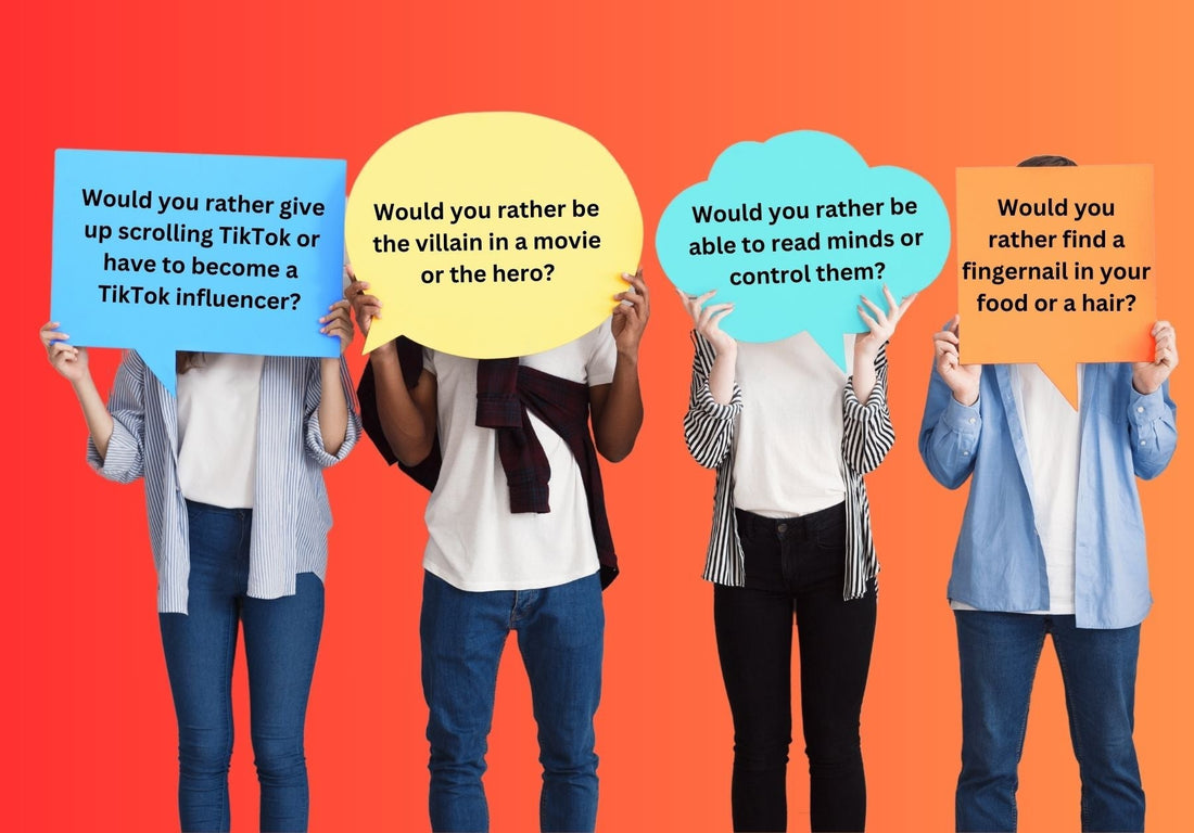 Teenagers holding up fun Would You Rather Questions on speech bubble cards