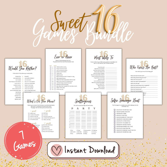 7 x Sweet Sixteen Games Bundle - Minimalist Design - #shop_name - 7 x Sweet Sixteen Games Bundle - Minimalist Design - Big Heart Little Star -  -