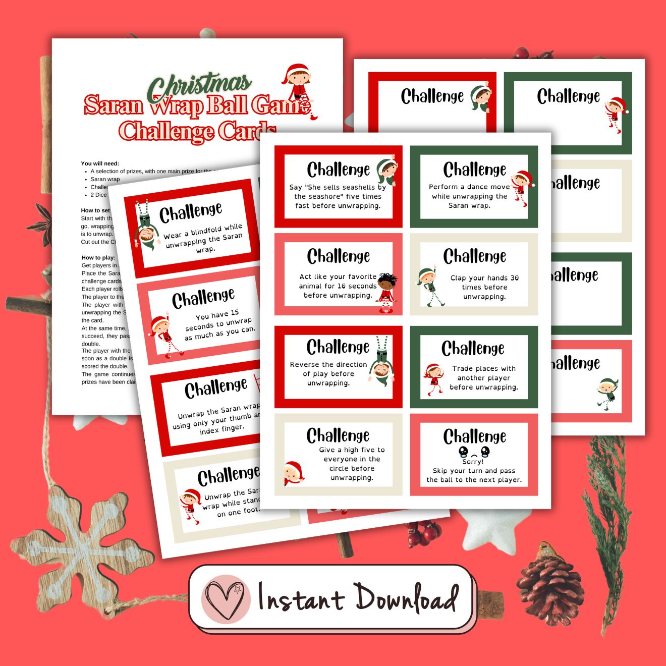 16 saran wrap ball game christmas challenge cards – big heart