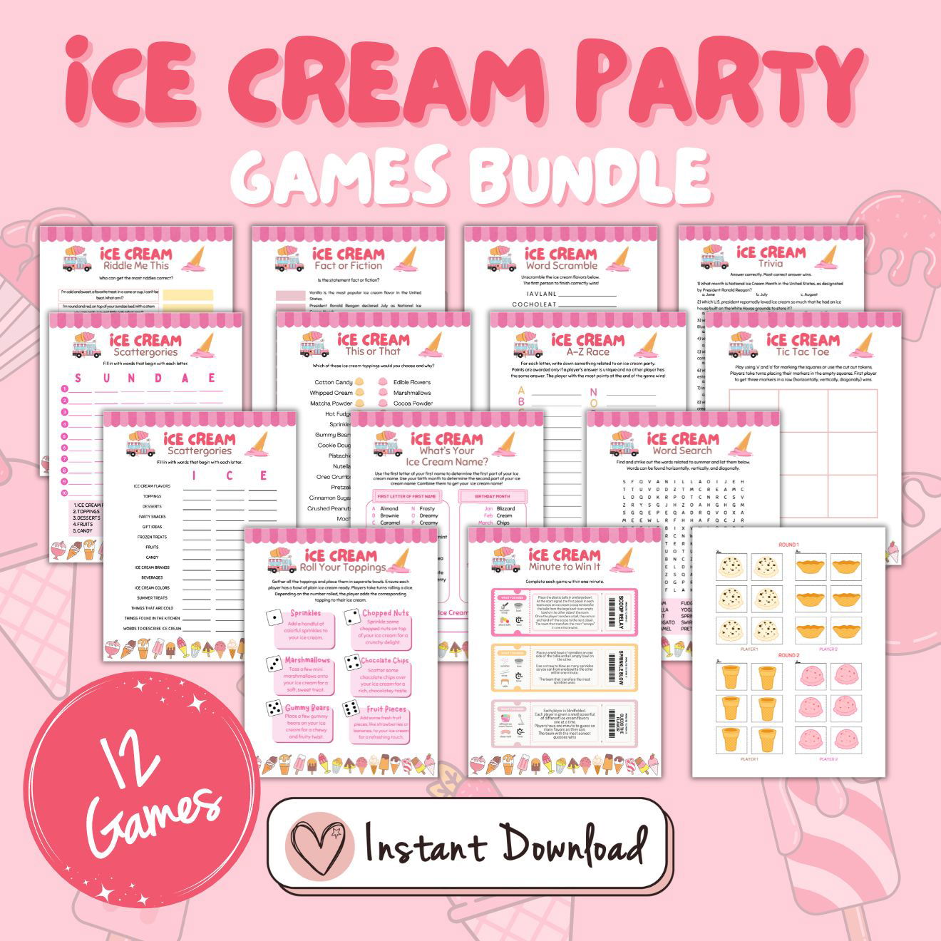 Ice Cream Party Games Bundle For Kids And Teens - 12 Games - #shop_name - Ice Cream Party Games Bundle For Kids And Teens - 12 Games - Big Heart Little Star -  -