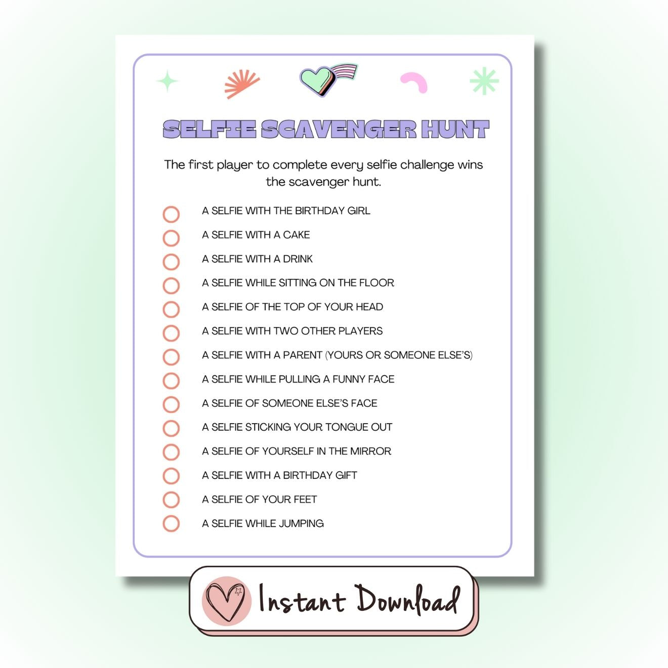 Selfie Scavenger Hunt printable party game for teens