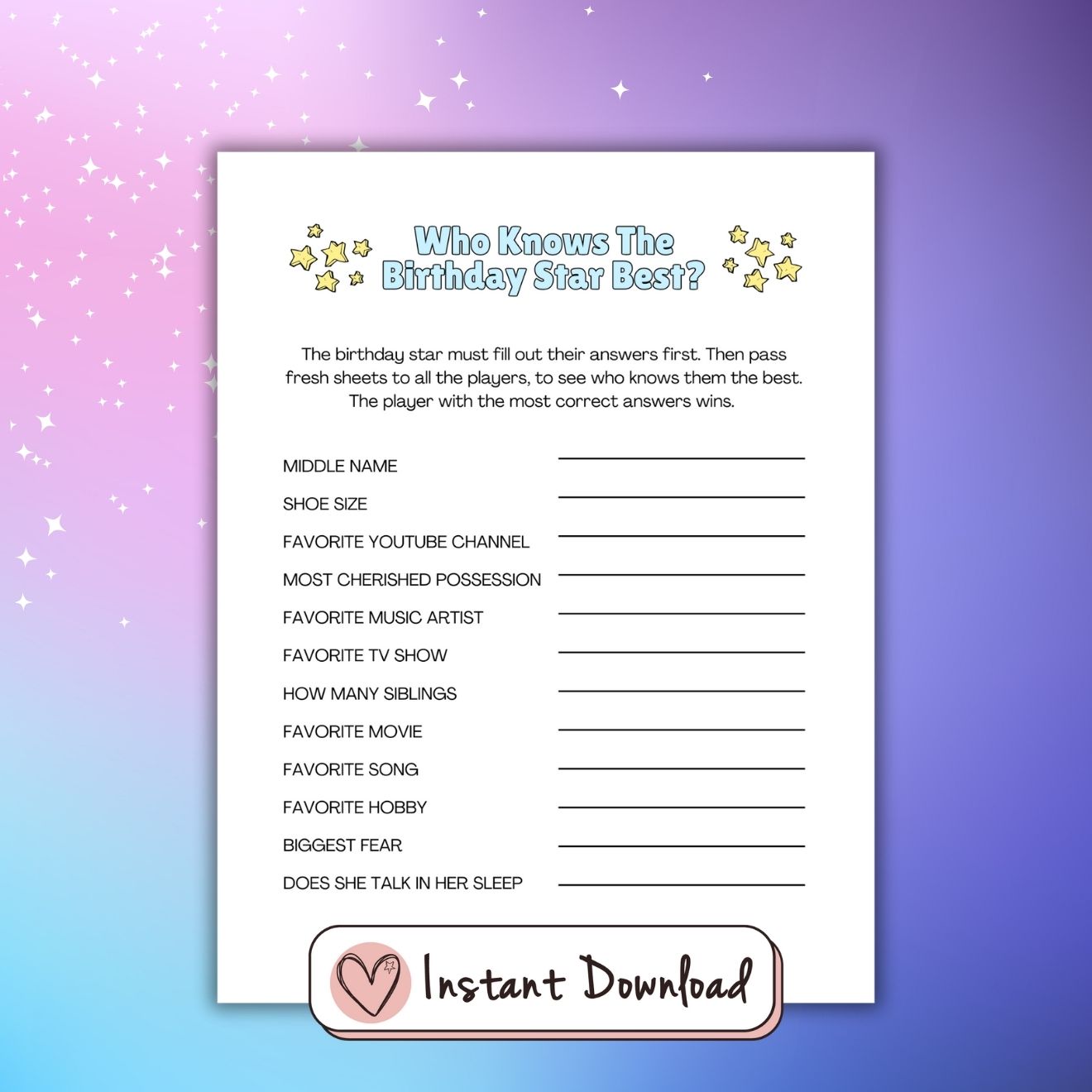 Printable Slumber Party games for teen girls. Who KNows The Birthday Girl Best?