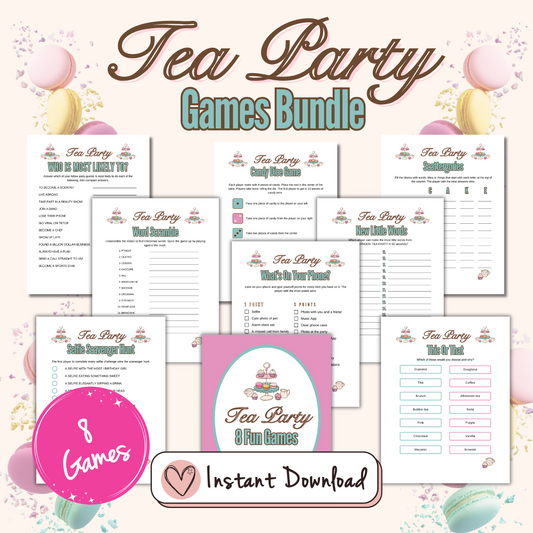 Tea party games bundle of 8 printable afternoon tea birthday party games
