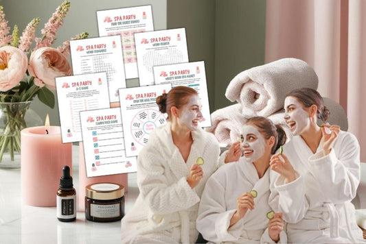 Spa party printable games ideas for teen girls birthday party, teen girls with face masks on enjoying a spa party with a spa party background of candles and towels in pinks and greens