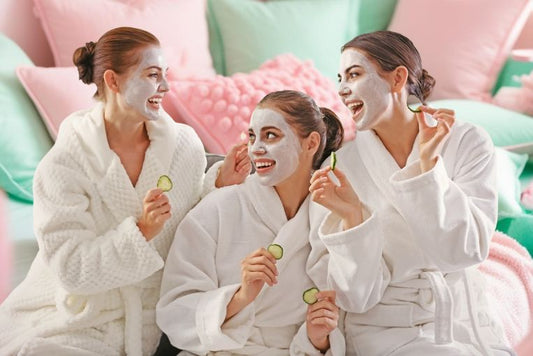 Pamper Party For Teen Girls, pink and green spa sleepover background, teen girls with beauty face masks having fun at the party