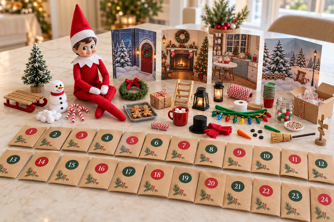 Classic Scout Elf displayed with 24 days of miniature scene props and idea packs