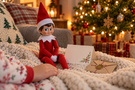 Classic Scout Elf beside a goodbye note on Christmas Eve