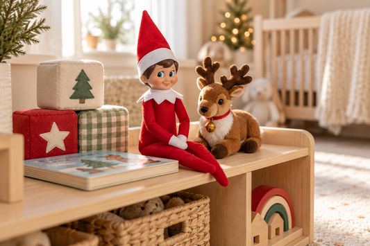 Classic Scout Elf with soft blocks and a plush reindeer on a toddler play shelf