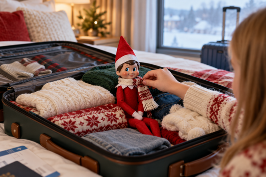 Classic Scout Elf sitting in a packed suitcase for a family trip