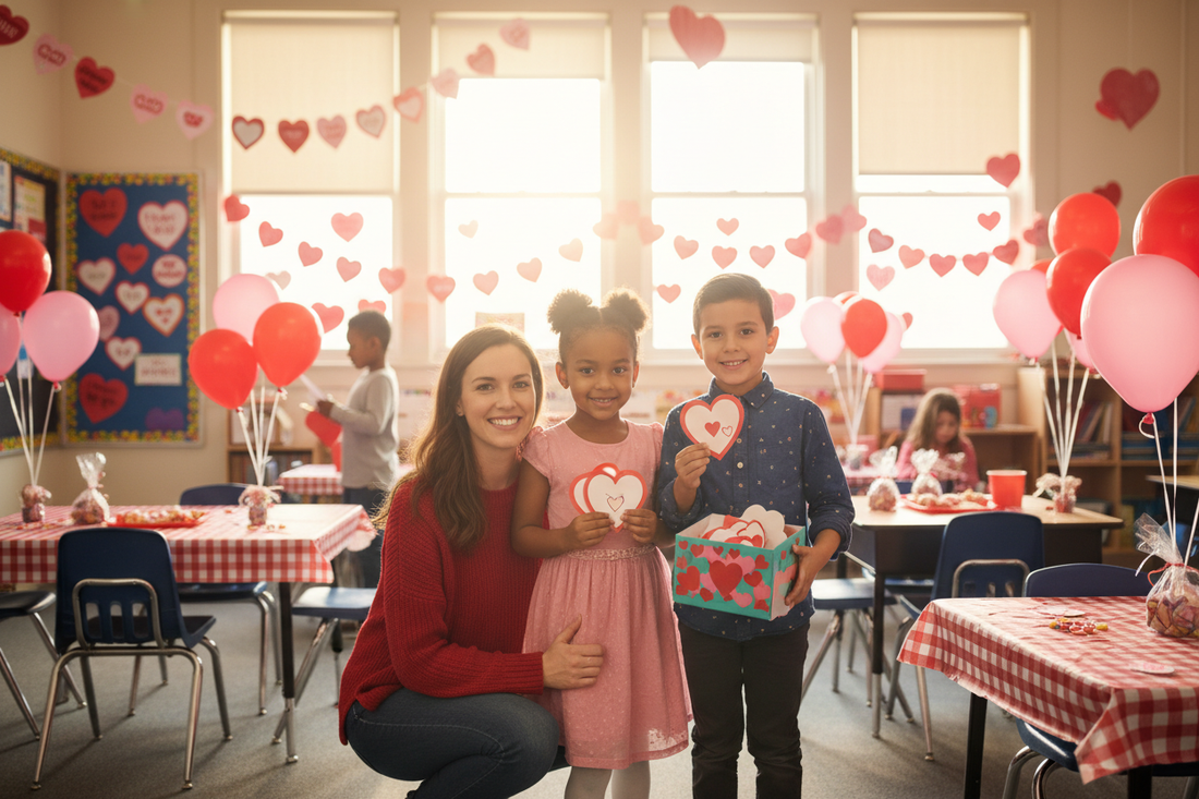 Kids and teacher at a Valentine's Classroom party