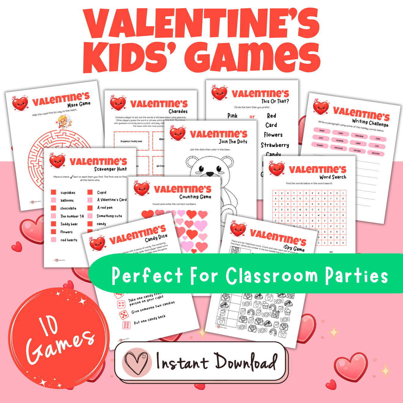 Valentine's Day Games for Kids Bundle - 10 Printable Party Games