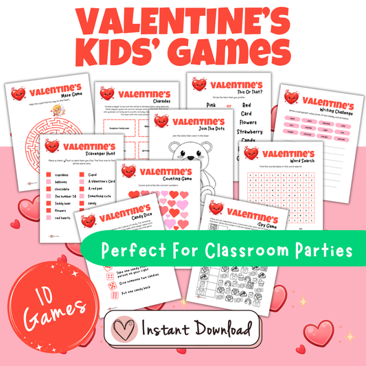 Valentine's Day Games for Kids Bundle - 10 Printable Party Games