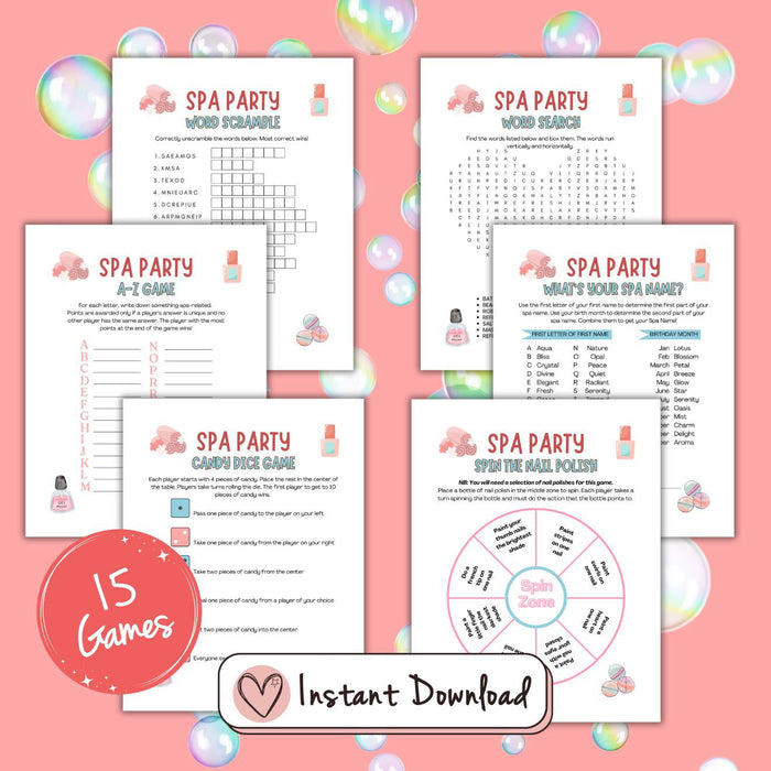 Teen party 4 Spa Party Games Bundle: 15 printable games for tween and teen girls