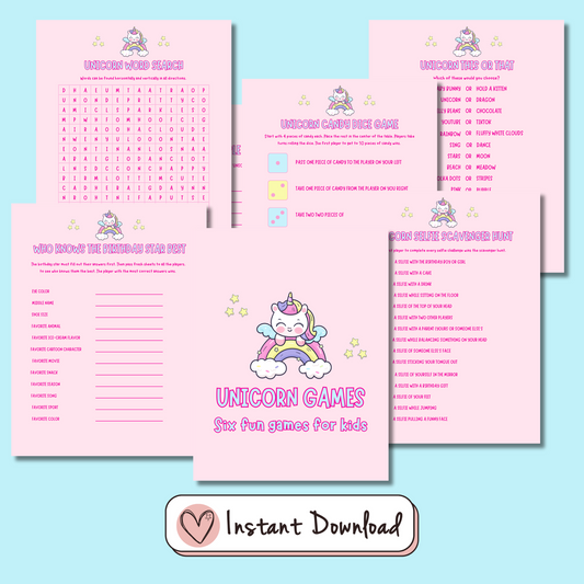 6 x Unicorn party games for kids to play - #shop_name - 6 x Unicorn party games for kids to play - Big Heart Little Star -  - 