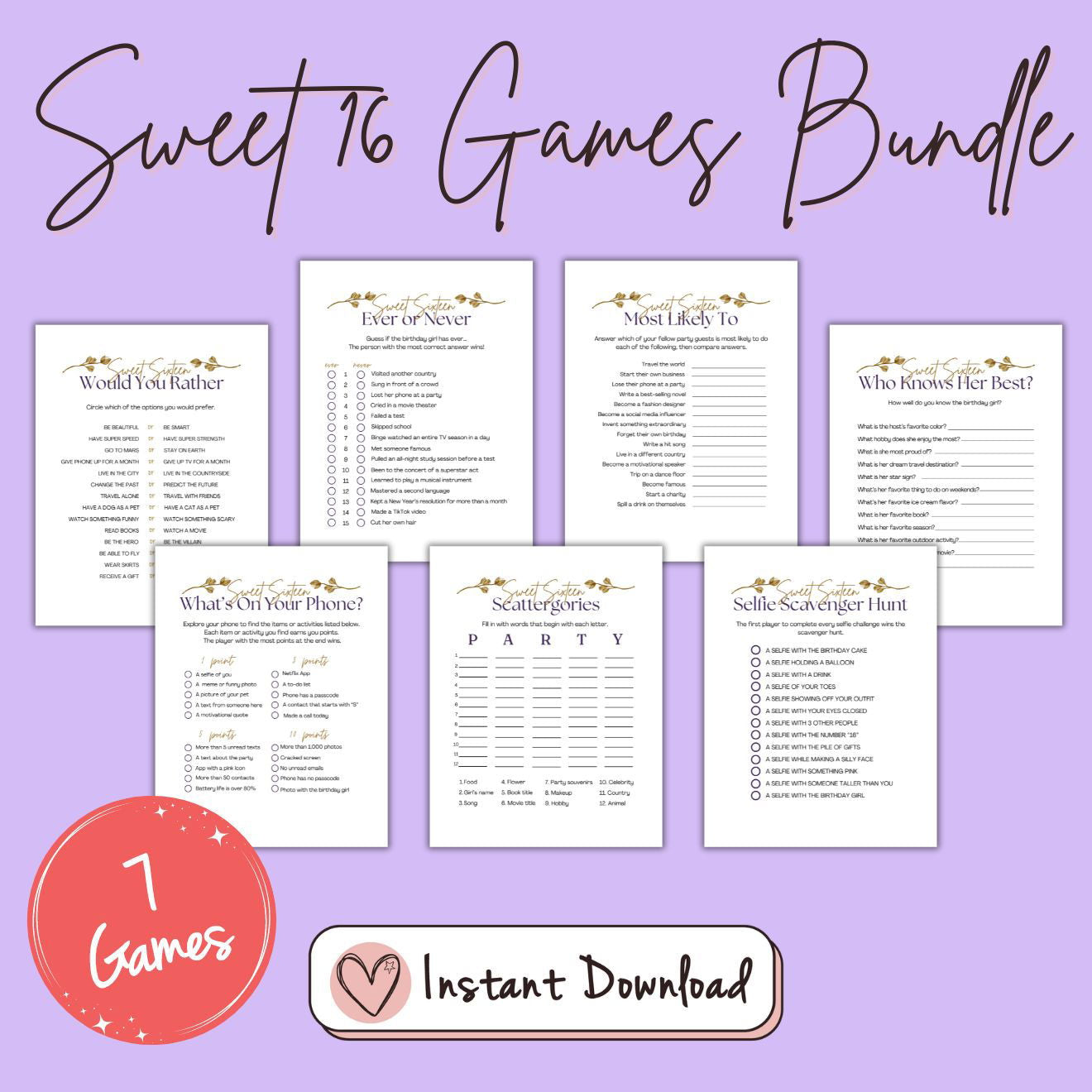 7 x Sweet Sixteen 16th Birthday Games Bundle - Gold Leaf Design - #shop_name - 7 x Sweet Sixteen 16th Birthday Games Bundle - Gold Leaf Design - Big Heart Little Star -  - 