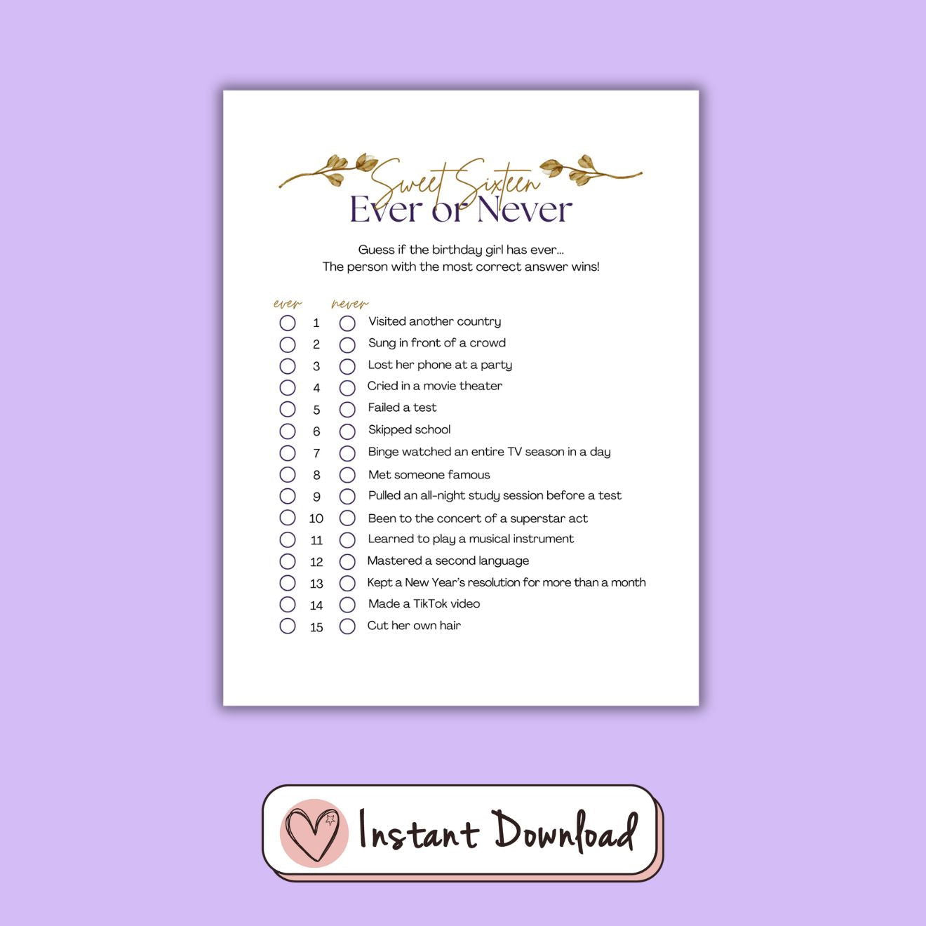 7 x Sweet Sixteen 16th Birthday Games Bundle - Gold Leaf Design - #shop_name - 7 x Sweet Sixteen 16th Birthday Games Bundle - Gold Leaf Design - Big Heart Little Star -  - 