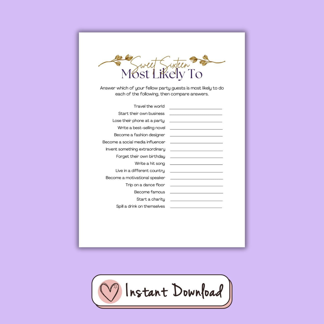 7 x Sweet Sixteen 16th Birthday Games Bundle - Gold Leaf Design - #shop_name - 7 x Sweet Sixteen 16th Birthday Games Bundle - Gold Leaf Design - Big Heart Little Star -  - 