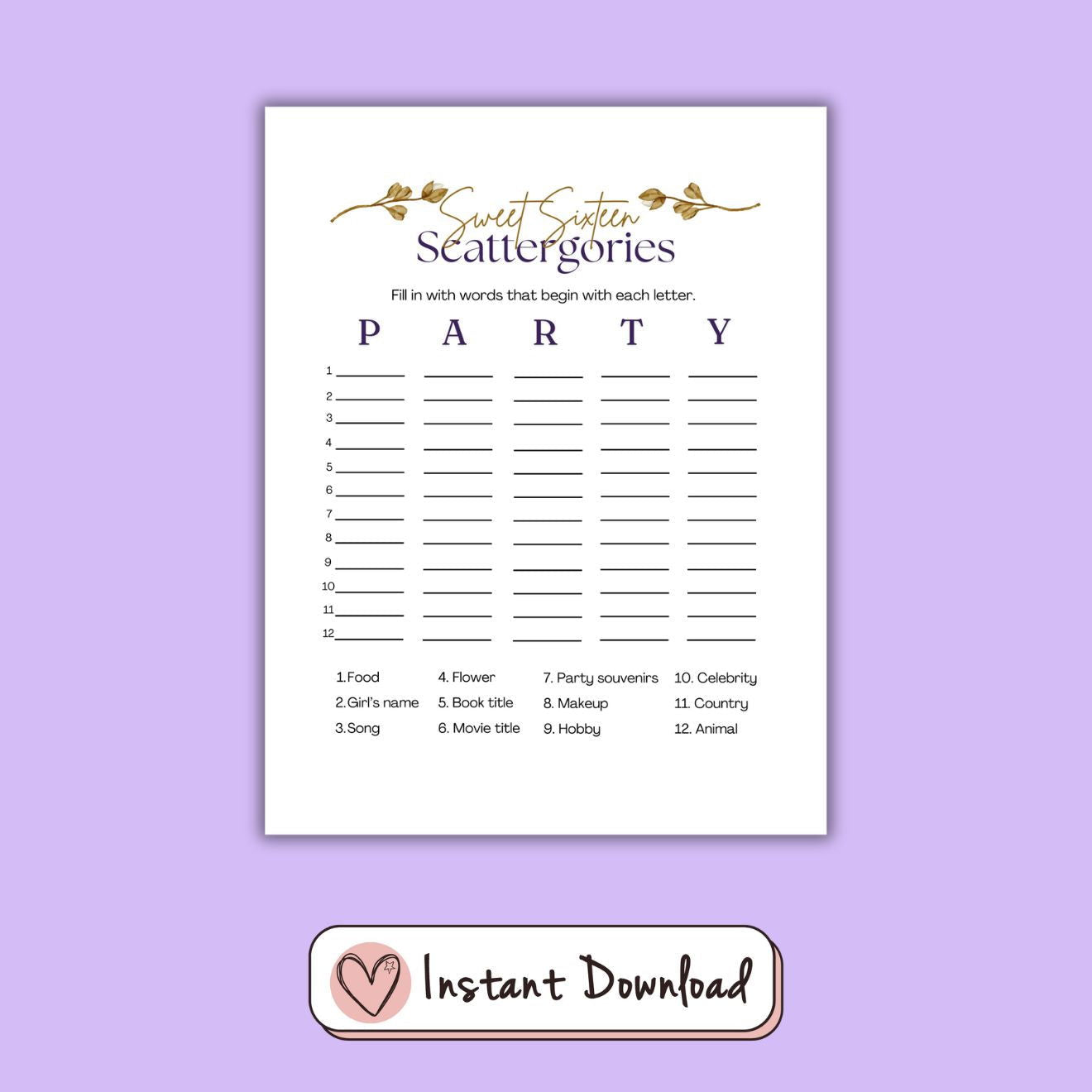 7 x Sweet Sixteen 16th Birthday Games Bundle - Gold Leaf Design - #shop_name - 7 x Sweet Sixteen 16th Birthday Games Bundle - Gold Leaf Design - Big Heart Little Star -  - 