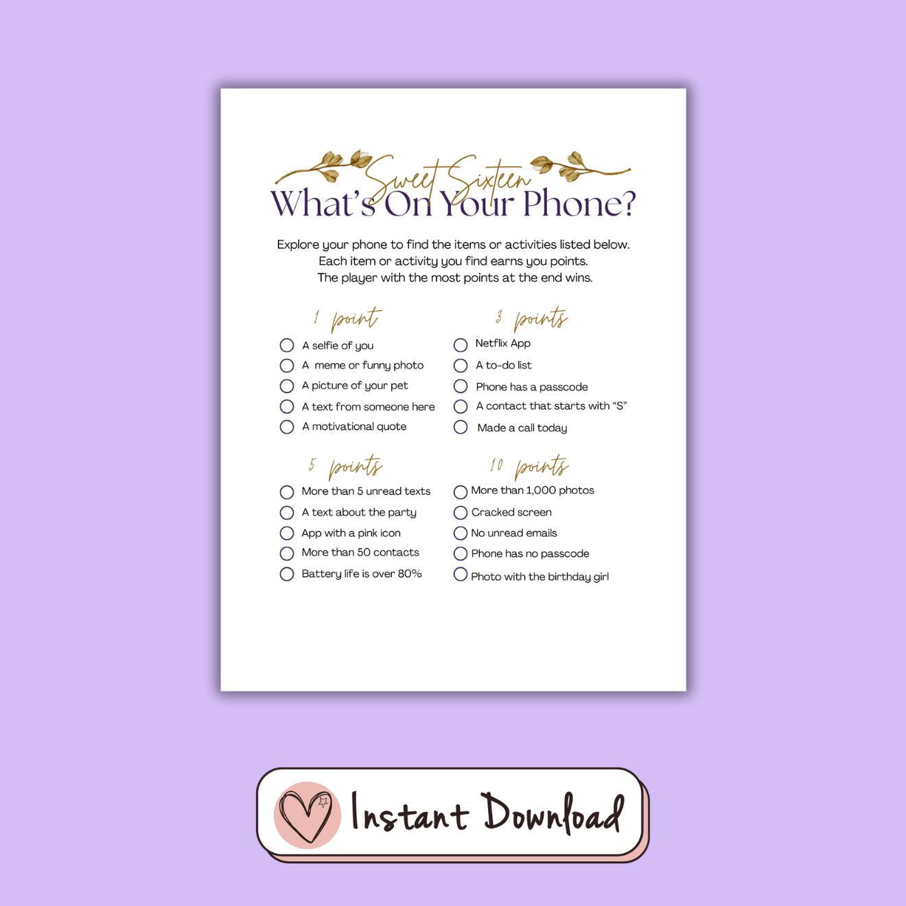 7 x Sweet Sixteen 16th Birthday Games Bundle - Gold Leaf Design - #shop_name - 7 x Sweet Sixteen 16th Birthday Games Bundle - Gold Leaf Design - Big Heart Little Star -  - 