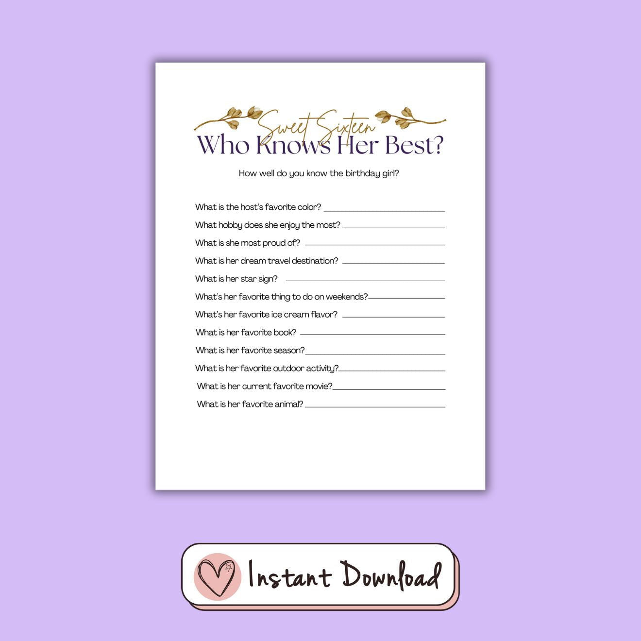 7 x Sweet Sixteen 16th Birthday Games Bundle - Gold Leaf Design - #shop_name - 7 x Sweet Sixteen 16th Birthday Games Bundle - Gold Leaf Design - Big Heart Little Star -  - 