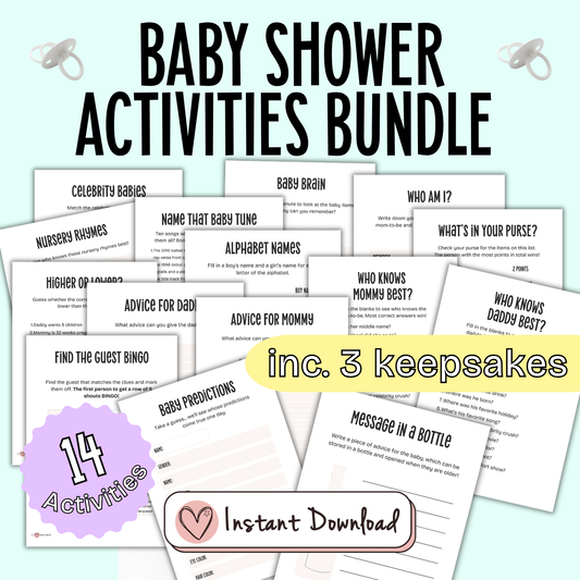 14 Baby Shower Games And Activities Bundle: Neutral Black And White Color Scheme