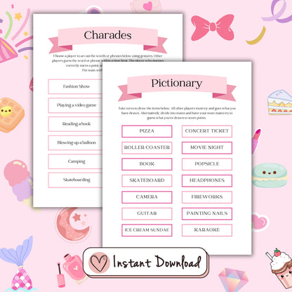 16 printable birthday party games for teen girls, This or that, who knows her best, word scramble, Most Likely To, What's On Your Phone, Selfie Scavenger Hunt, Ever or Never, Scattergories, Charades prompts, Pictionary Prompts, Happy Birthday Around The World Trivia quiz, Spin the nail polish, Candy dice game, Find The Guest bingo, MASH, Word Search (heart shaped word grid)