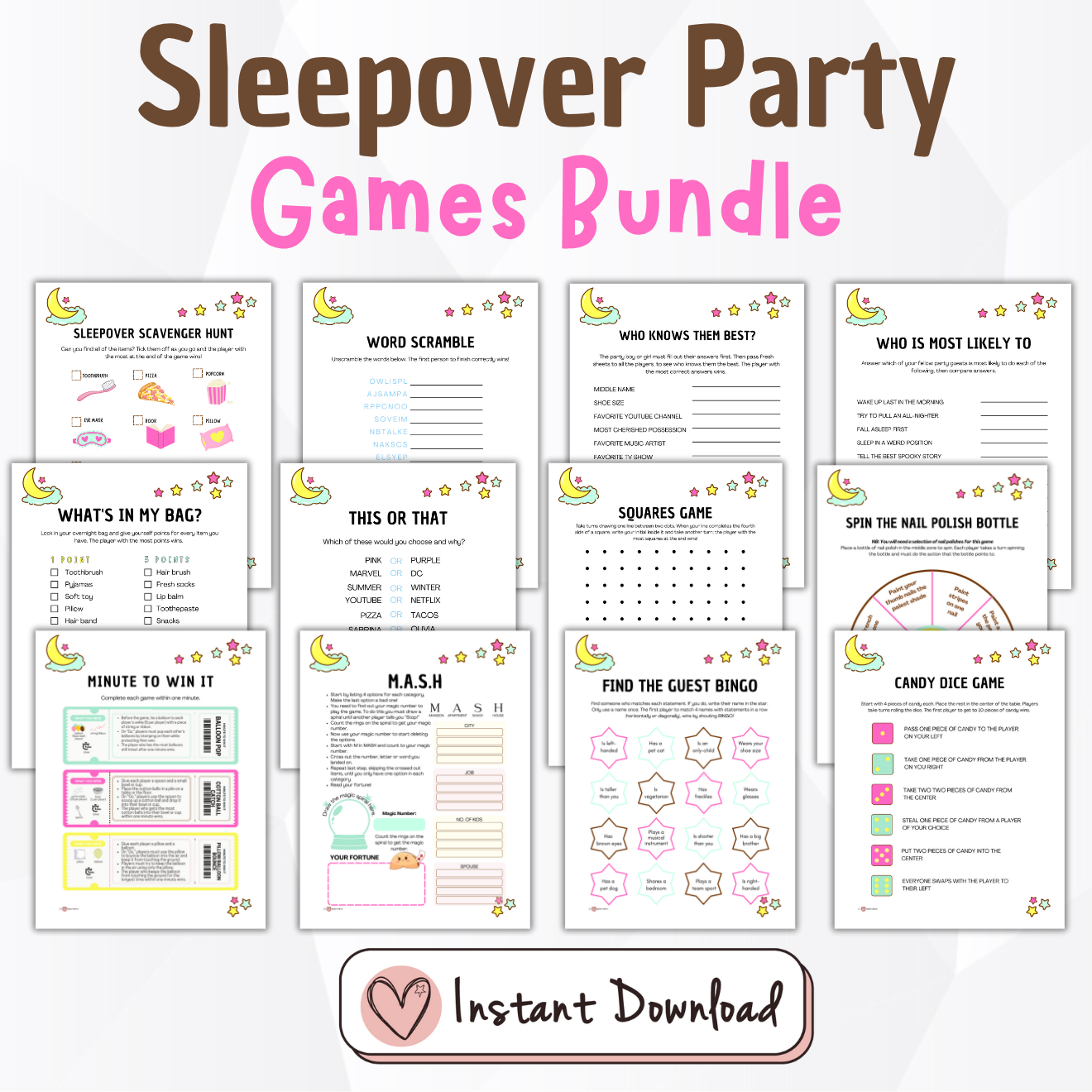 selection of games in the sleepover party games bundle for kids