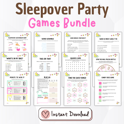 selection of games in the sleepover party games bundle for kids