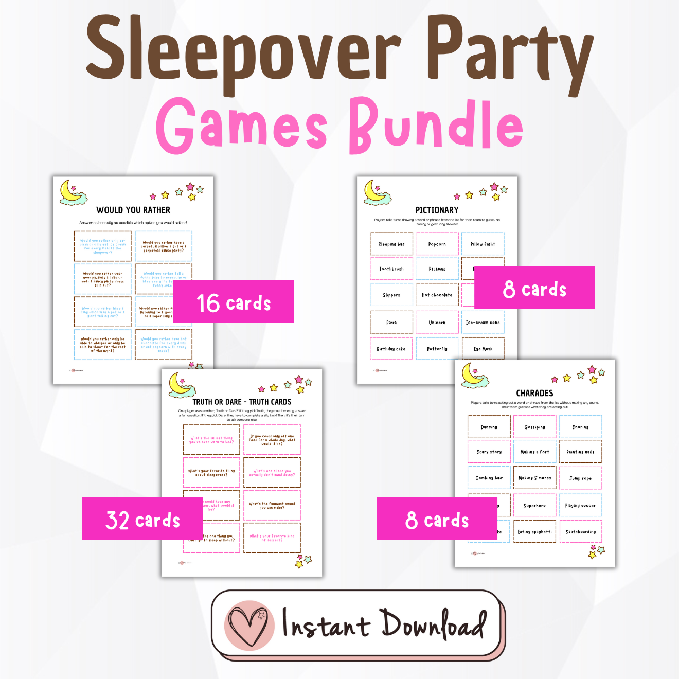 selection of games in the sleepover party games bundle for kids