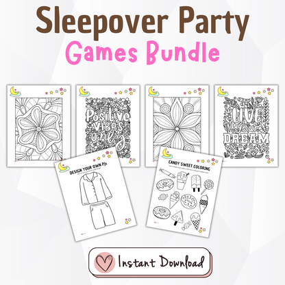 selection of colouring pages in the sleepover party games bundle for kids