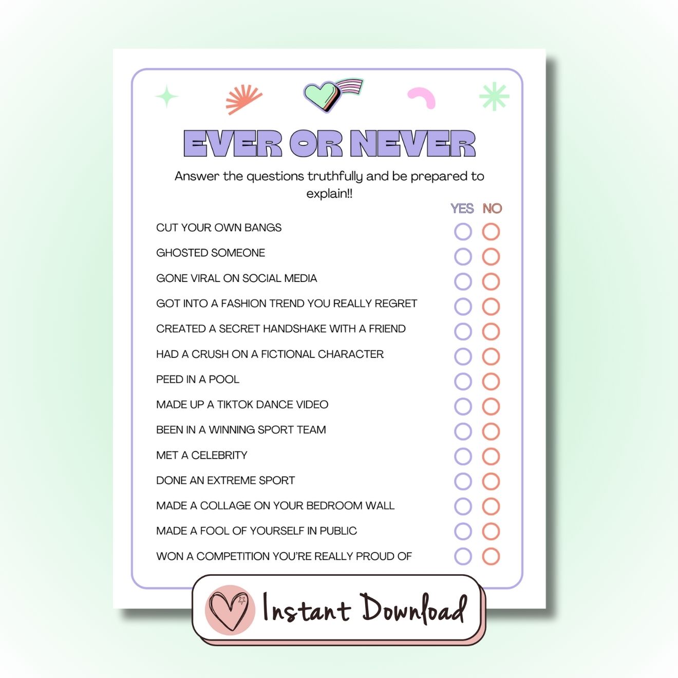 Ever Or Never printable party game for teens