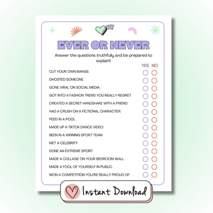 Ever Or Never printable party game for teens