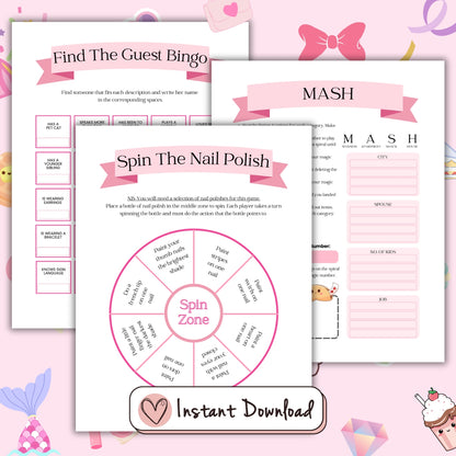 16 printable birthday party games for teen girls, This or that, who knows her best, word scramble, Most Likely To, What's On Your Phone, Selfie Scavenger Hunt, Ever or Never, Scattergories, Charades prompts, Pictionary Prompts, Happy Birthday Around The World Trivia quiz, Spin the nail polish, Candy dice game, Find The Guest bingo, MASH, Word Search (heart shaped word grid)