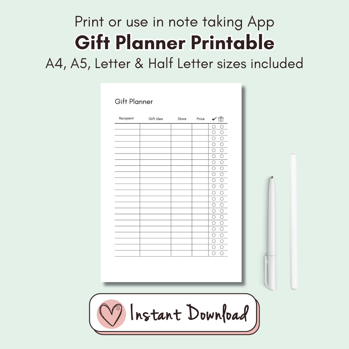 Gift Planner PDF Printable. A4, A5, Letter & Half Letter sizes. Print or use in a note taking App. - #shop_name - Gift Planner PDF Printable. A4, A5, Letter & Half Letter sizes. Print or use in a note taking App. - Big Heart Little Star -  - 
