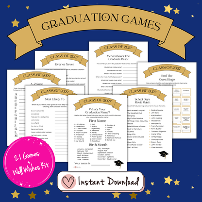Class of 2027 graduation party game sheets: What's On Your Phone, School Days Movie Match, Graduation Name and Who Knows The Graduate Best