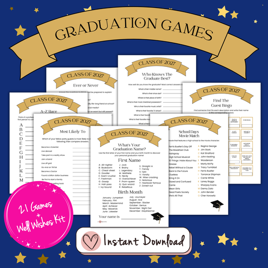 Class of 2027 graduation party game sheets: What's On Your Phone, School Days Movie Match, Graduation Name and Who Knows The Graduate Best