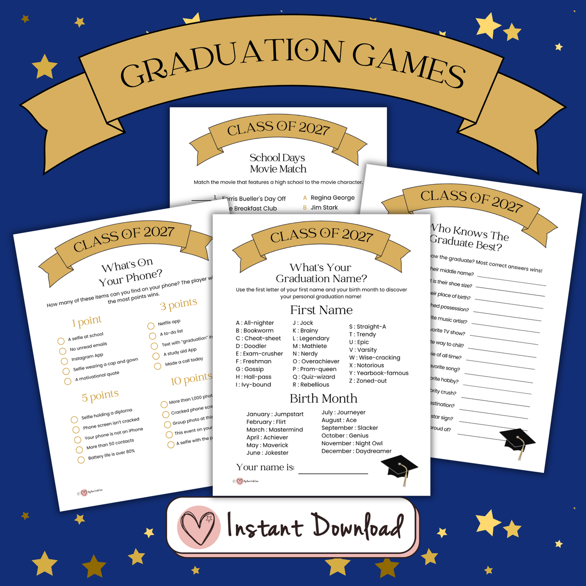Graduation party games bundle preview with 21 printable games, including A-Z Race, Ever or Never, Most Likely To and Find The Guest Bingo