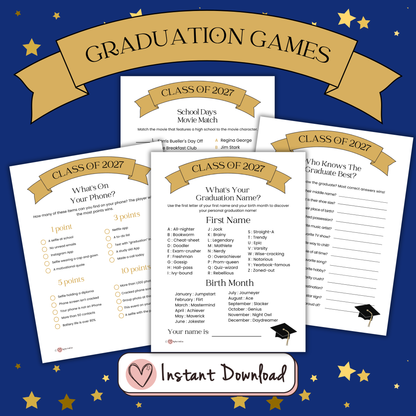 Graduation party games bundle preview with 21 printable games, including A-Z Race, Ever or Never, Most Likely To and Find The Guest Bingo