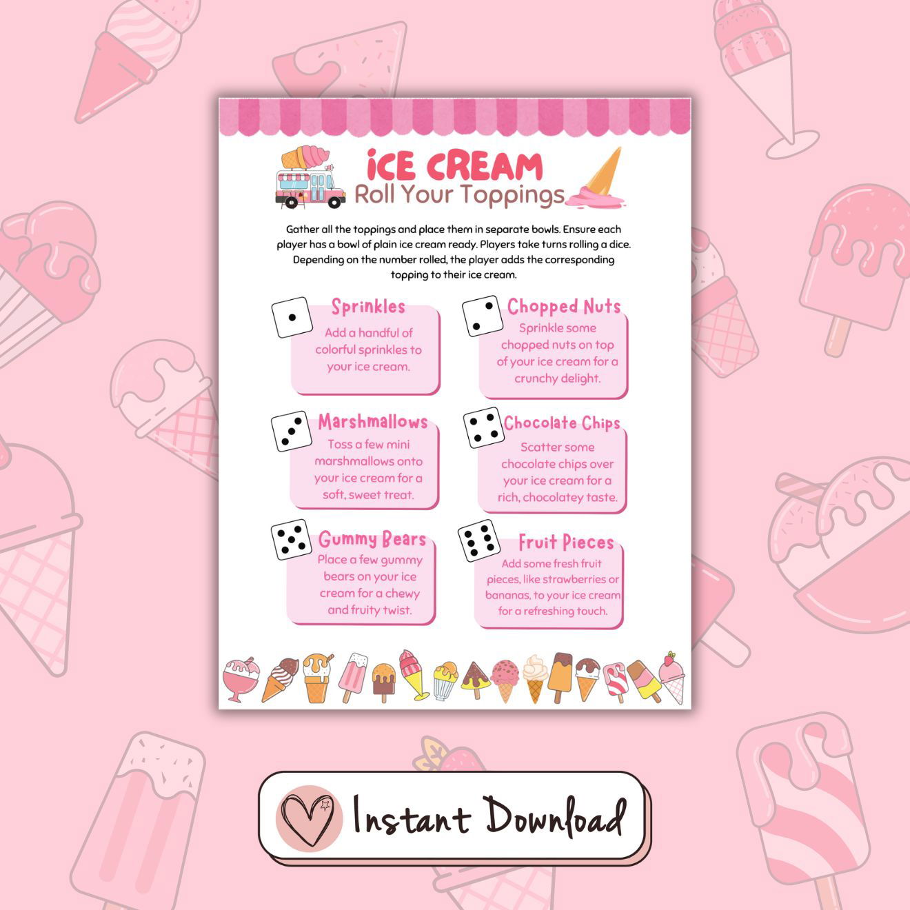 Ice Cream Themed Roll Your Toppings Dice Game - #shop_name - Ice Cream Themed Roll Your Toppings Dice Game - Big Heart Little Star -  - 
