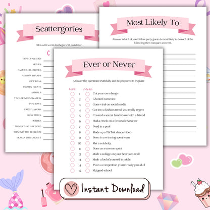 16 printable birthday party games for teen girls, This or that, who knows her best, word scramble, Most Likely To, What's On Your Phone, Selfie Scavenger Hunt, Ever or Never, Scattergories, Charades prompts, Pictionary Prompts, Happy Birthday Around The World Trivia quiz, Spin the nail polish, Candy dice game, Find The Guest bingo, MASH, Word Search (heart shaped word grid)