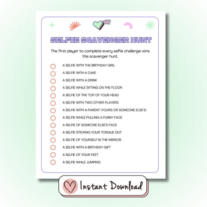 Selfie Scavenger Hunt printable party game for teens