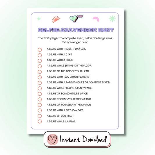 Selfie Scavenger Hunt printable party game for teens