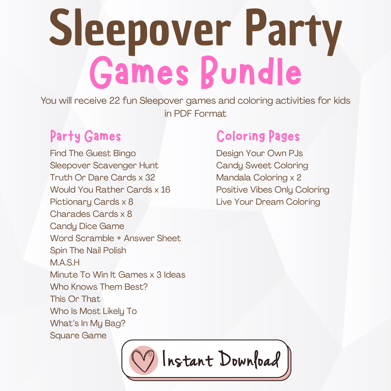 List of gams and coloring pages in the Sleepover Party Games Bundle for kids on bigheartlittlestar.com