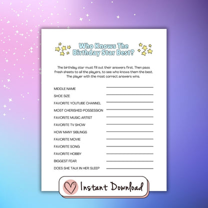 Printable Slumber Party games for teen girls. Who KNows The Birthday Girl Best?