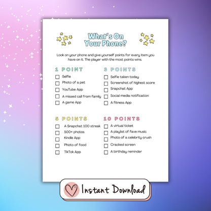 Printable Slumber Party games for teen girls. What's On Your Phone game.