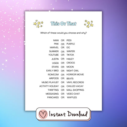 Printable Slumber Party games for teen girls. THis Or That game. 
