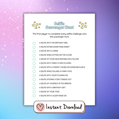 Printable Slumber Party games for teen girls. selfie scavenger hunt. 