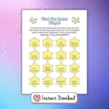 Printable Slumber Party games for teen girls. Find The Guest Bingo. 