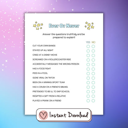 Printable Slumber Party games for teen girls. Ever or Never game. 
